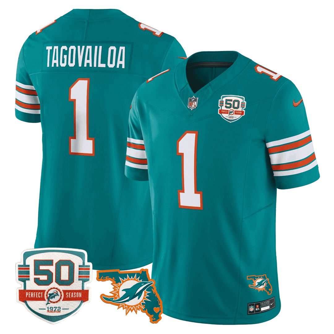Men Miami Dolphins #1 Tagovailoa Green 2024 Nike Throwback 50th Perfect Season Florida Patch Vapor NFL Jersey